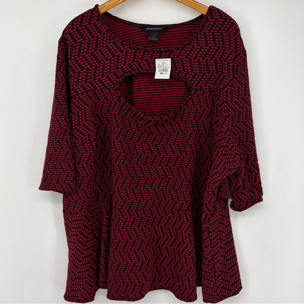 NWT Ashley Stewart Keyhole Short-Sleeve Top Red Polka Dot 34/36 Blouse Plus Geo